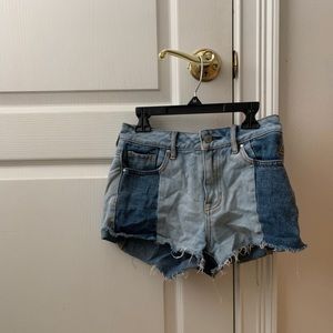 Colorblocked denim shorts.